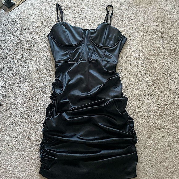 Black Satin Ruched Dress - Picture 1 of 4